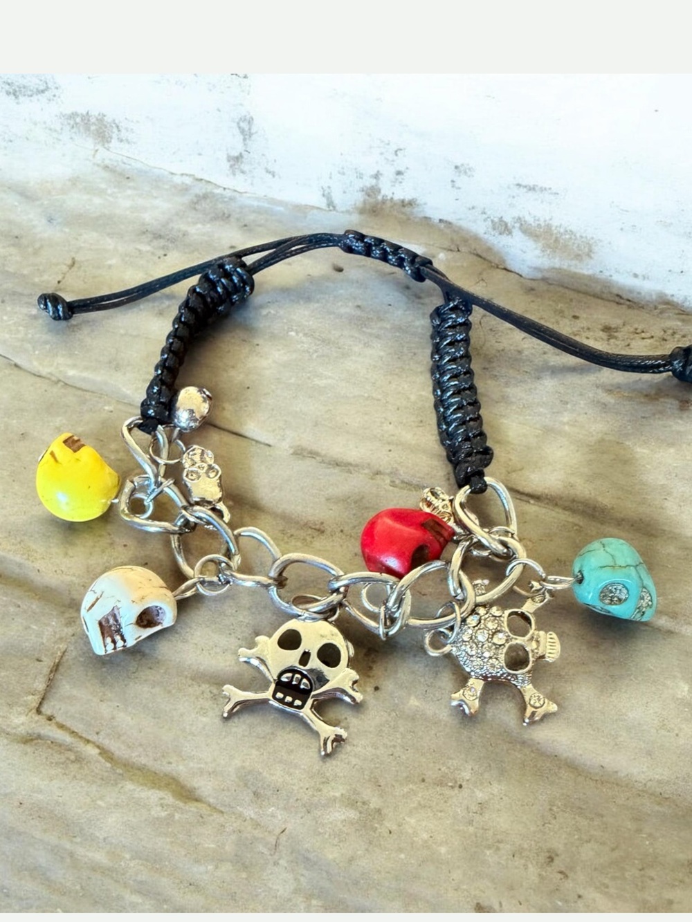 Skull Charm Bracelet with Colorful Beads and charms adjustable slider cord NEW